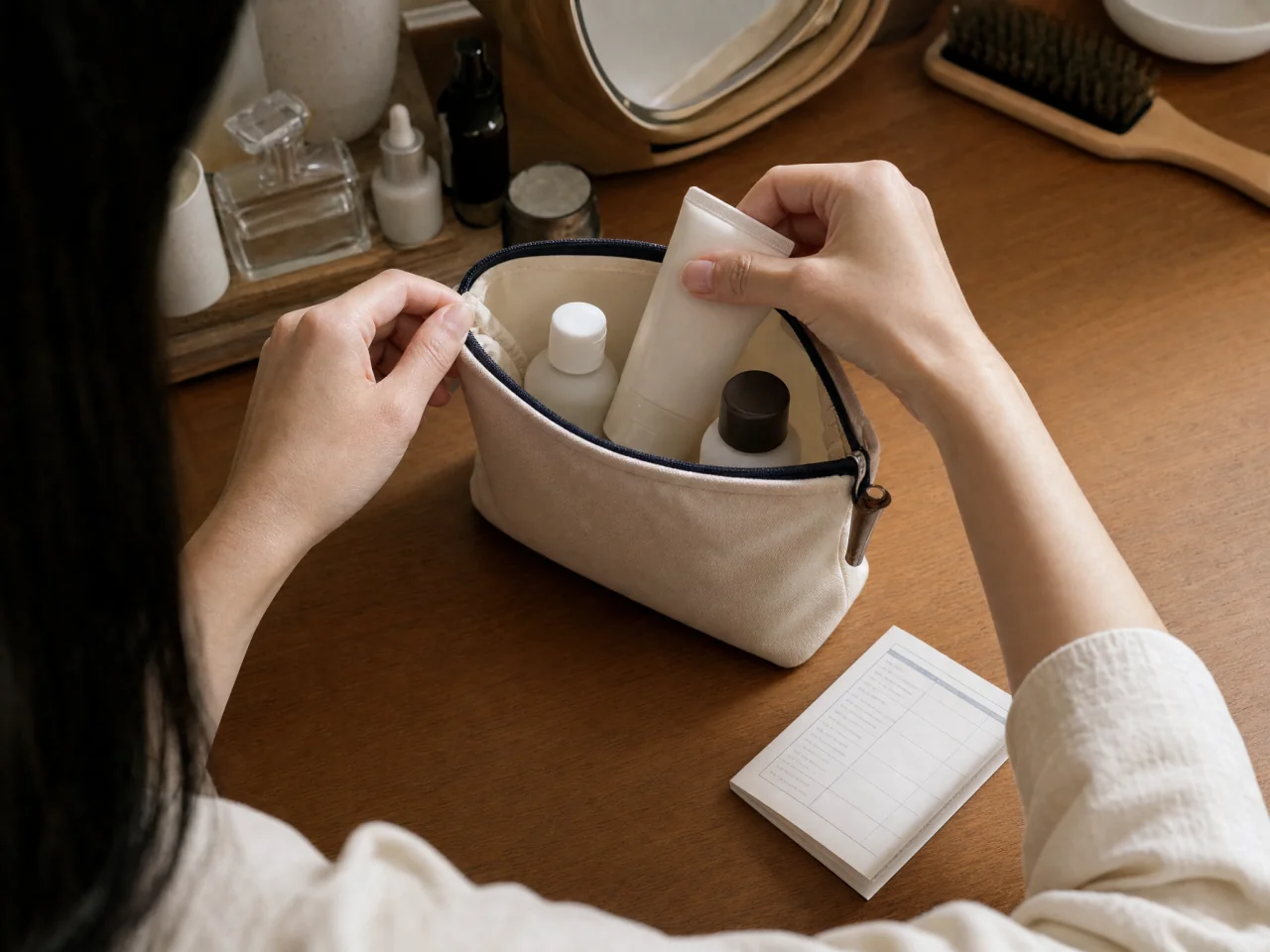 Hands placing three travel-size skincare bottles into a small fabric pouch on a dressing table