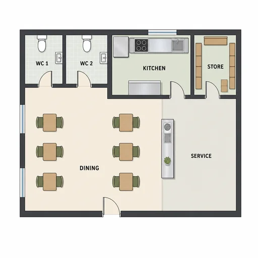 Refined bistro floor plan with six dining tables, two WCs, kitchen, store and service zone.