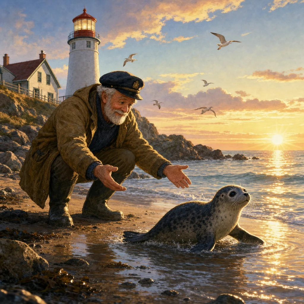 A lighthouse keeper guides a young seal into a sunrise-lit rocky cove.