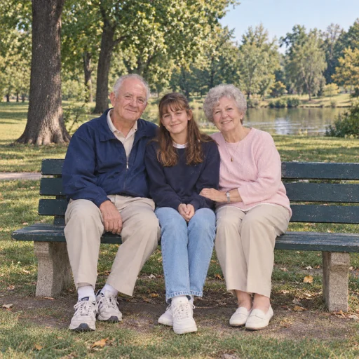 A repaired family photograph of two grandparents and a girl seated on a park bench beside a pond.
