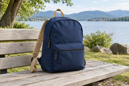 Source 1 for Studio product photo: navy canvas backpack.