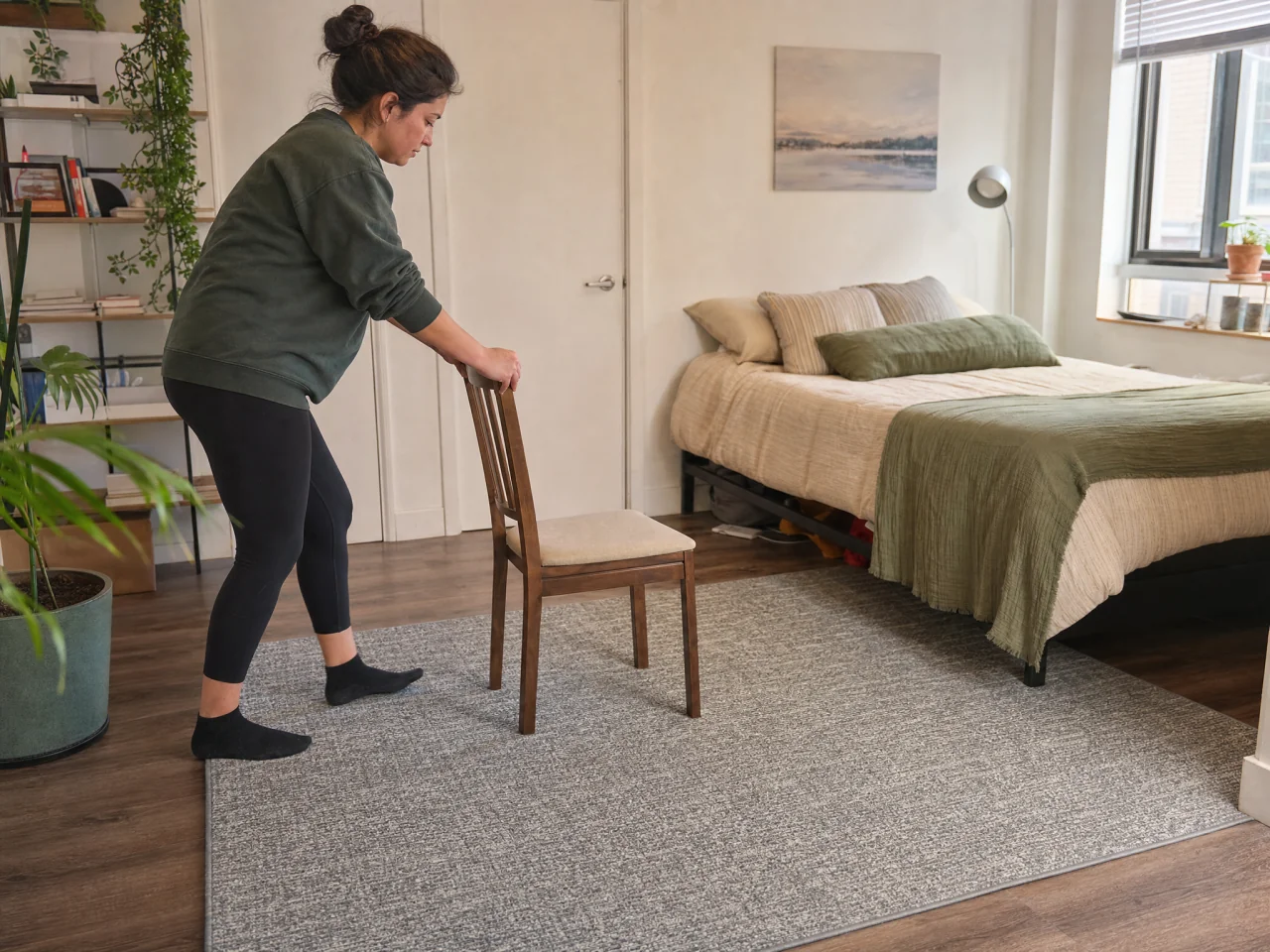 Person sliding a sturdy chair back to clear floor space in a bedroom, creating a supported area for gentle morning stretches.