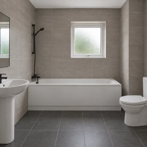Warm-gray tiled bathroom with a charcoal floor, black taps and white tub, pedestal sink and toilet.