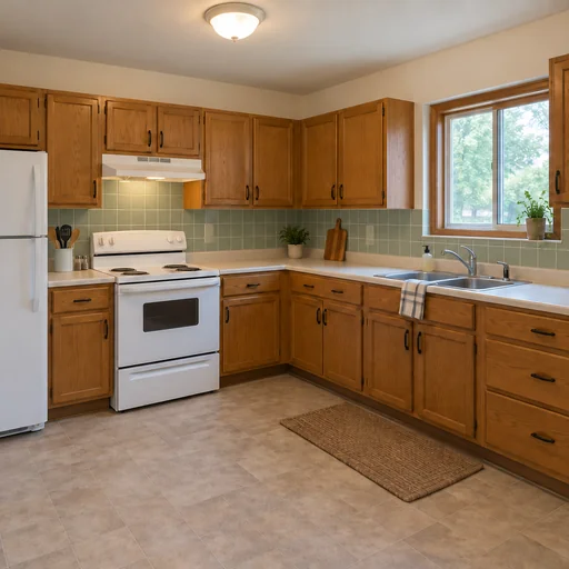 The reference kitchen with satin sage square backsplash tiles.