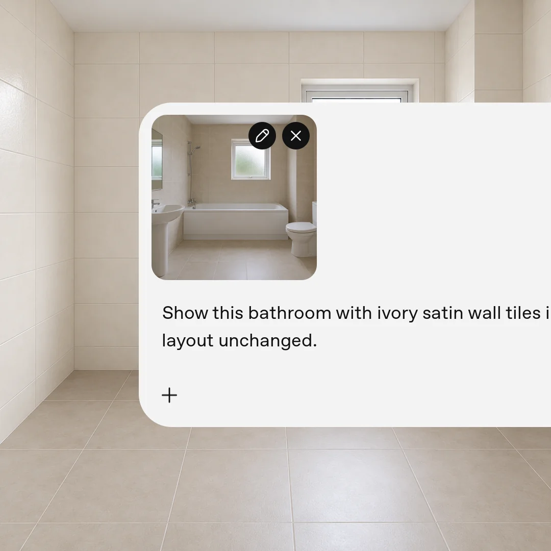 Step 2: Describe the finish. The same bathroom with ivory satin wall tiles and its original floor and fixtures.