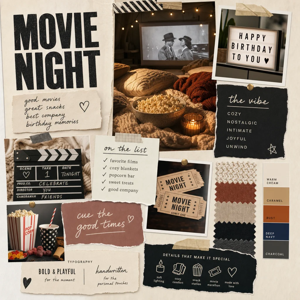 Movie Night birthday moodboard with popcorn, cozy blankets and cinema tickets.