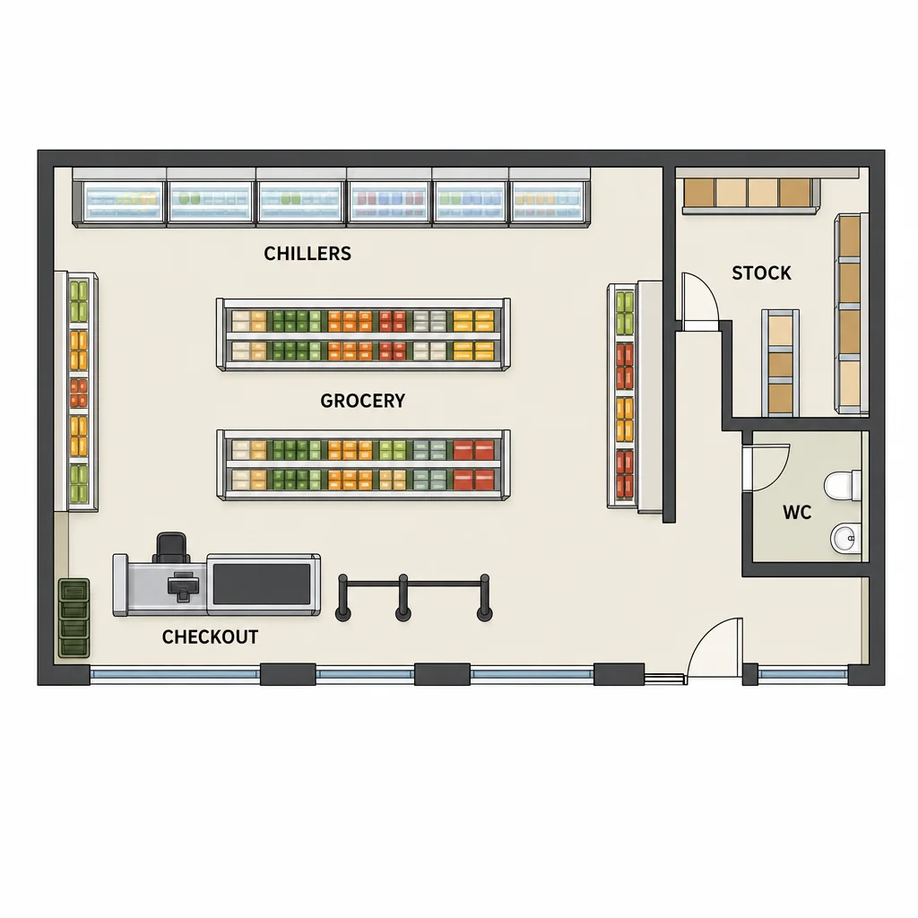 Specialty food market floor plan with chillers, two grocery aisles, checkout, stockroom and WC.