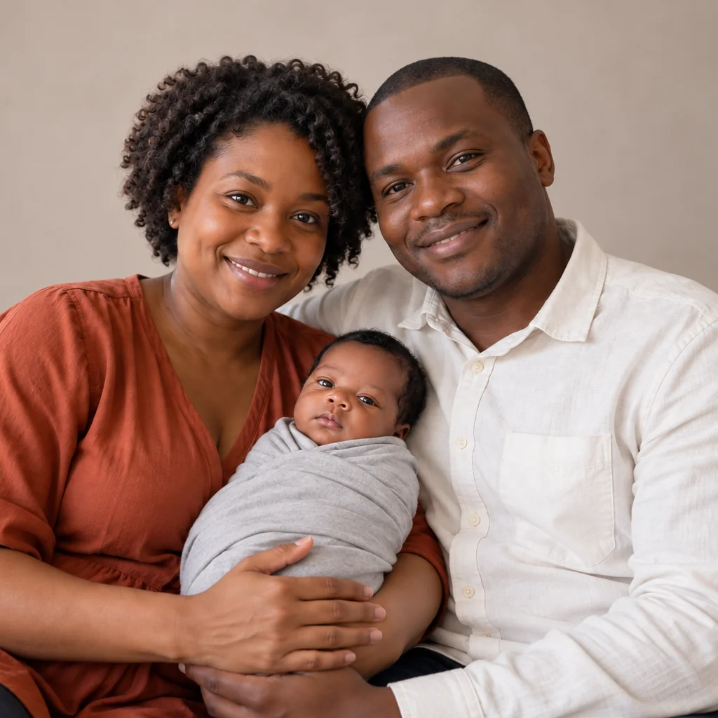 Two parents in rust and cream shirts hold a baby wrapped in gray against a warm neutral studio backdrop.