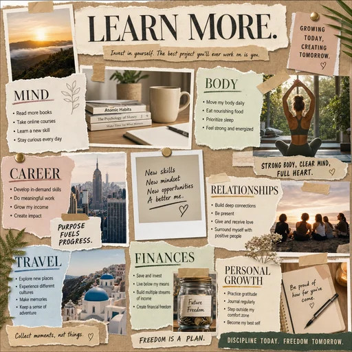 A LEARN MORE vision board organized into seven personal-goal areas.