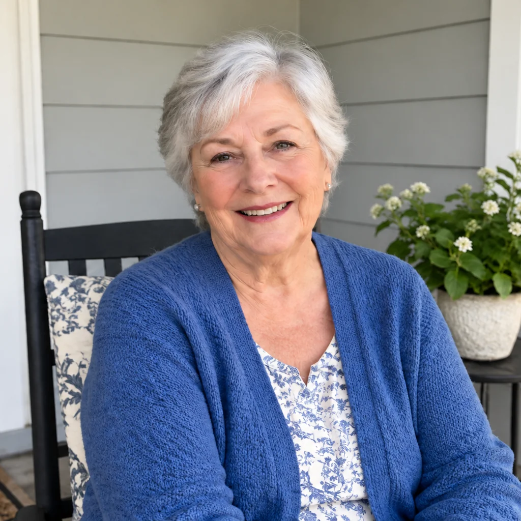 A smiling silver-haired woman in a blue cardigan sits on a porch beside a pot of white flowers.
