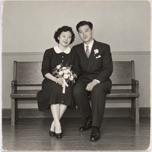 A restored monochrome wedding portrait of a seated couple holding a bouquet on a wooden bench.