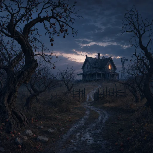 An abandoned farmhouse with one amber-lit window stands beyond a twisted orchard at blue dusk.