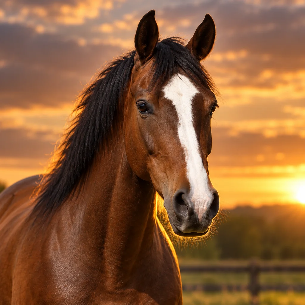 A bay horse with a broad white blaze and black mane stands in warm sunset light against a softly blurred paddock.