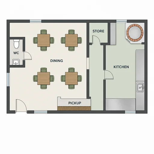 Pizzeria plan with four dining tables, pickup counter and circular pizza oven.