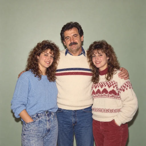 A restored color family portrait of a father and two adult daughters against a plain sage wall.