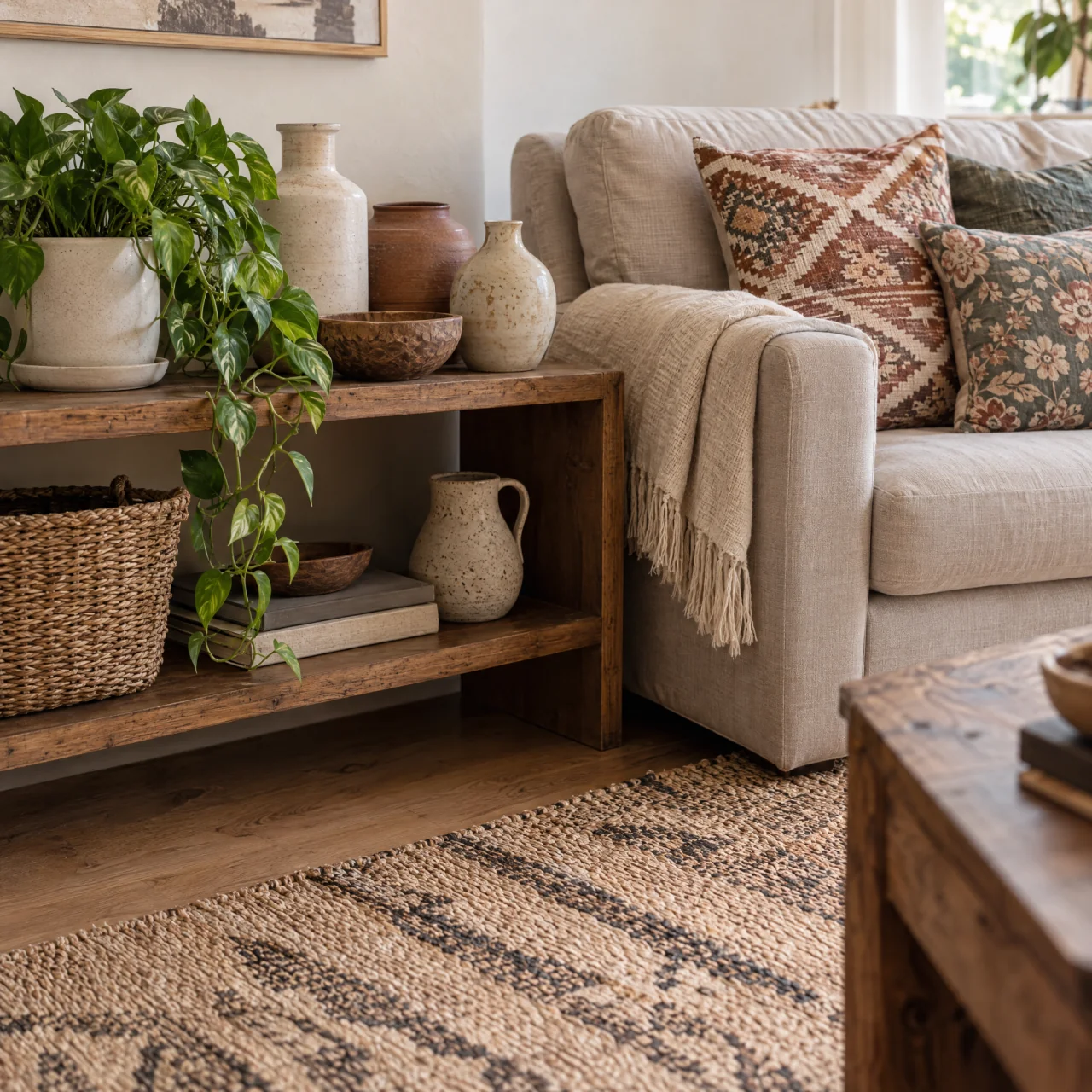 A low wooden shelf crowded with pottery and a trailing plant beside a linen sofa with geometric and floral cushions, exposed seating, and clear floor space.