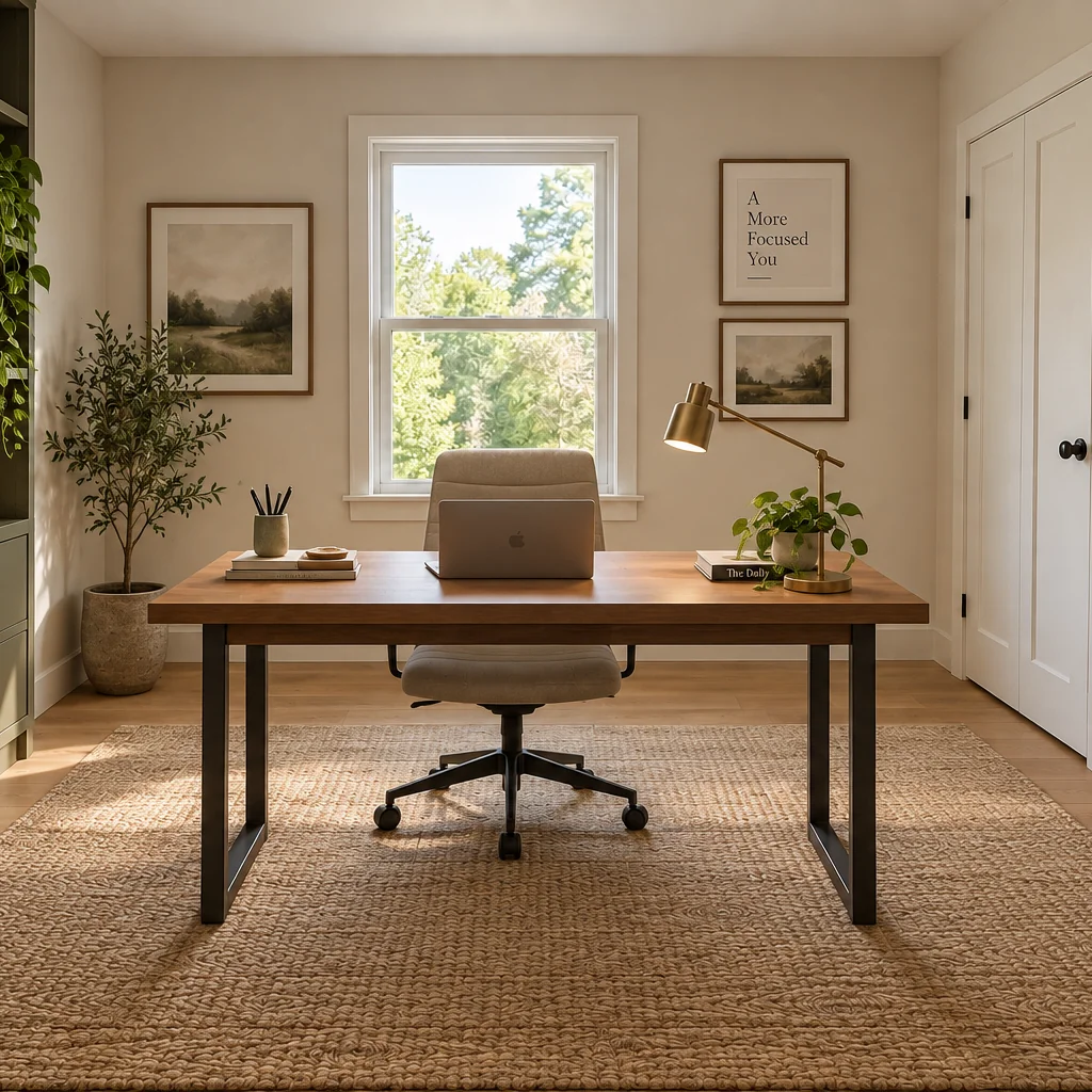 Home office with a wooden desk, upholstered chair, green built-in shelving and a central window.