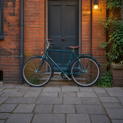 A teal bicycle rests against a brick doorway beneath a glowing wall lamp, with clearer spokes, brickwork and paving.