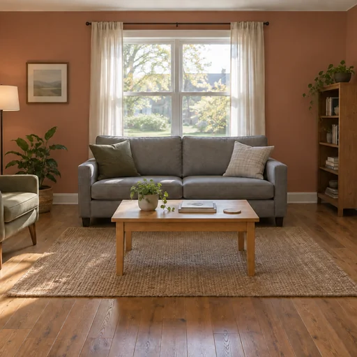 The reference living room with soft terracotta matte walls and existing furniture.