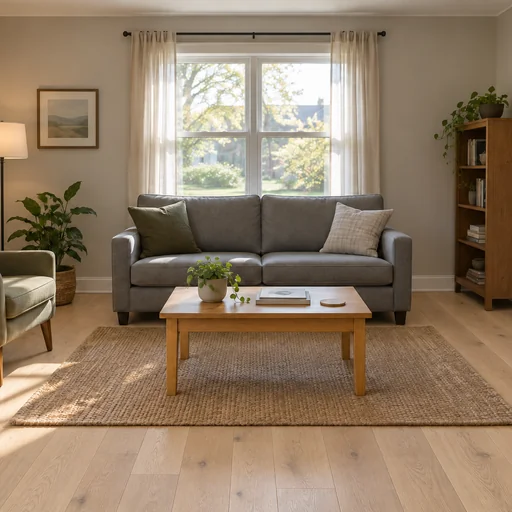 Living room with pale natural-white-oak flooring around the original gray sofa, coffee table and woven rug.