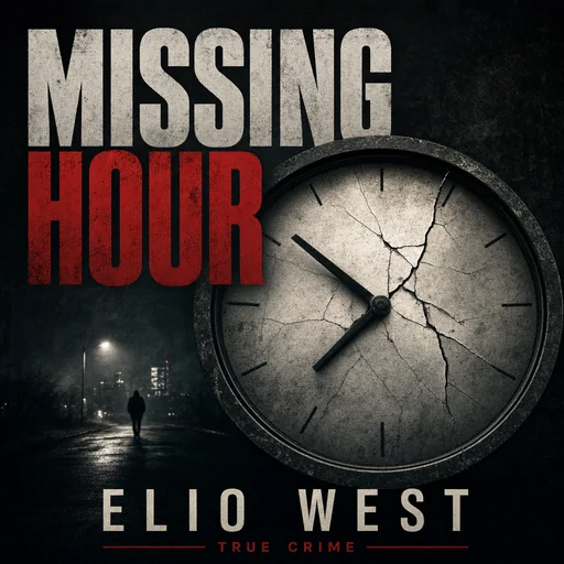Missing Hour cover by Elio West with a cracked numberless clock and an added True Crime subtitle.