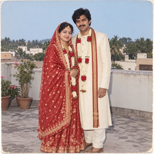 A restored wedding photograph of a couple in red and cream bridal clothing on a terrace.