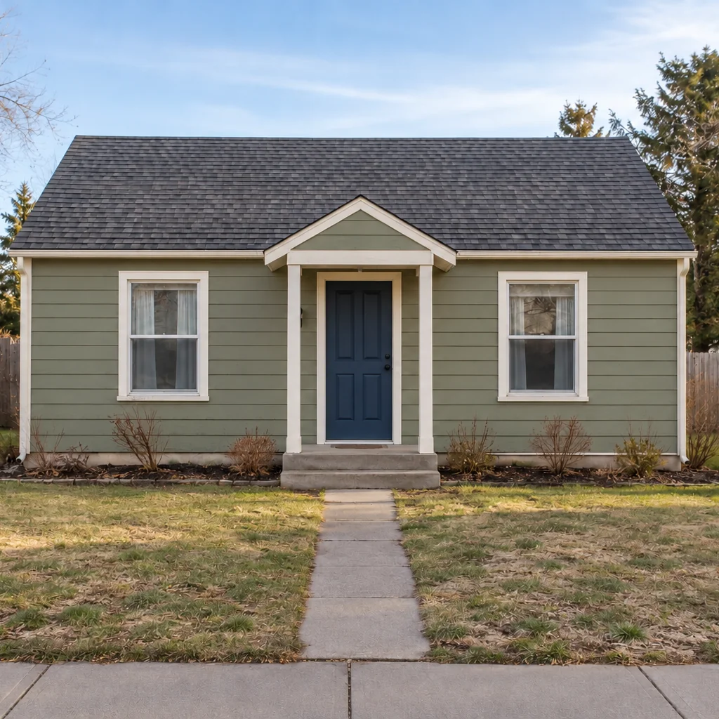 Small house with sage siding, warm-white trim and a navy door, behind a patchy lawn and straight concrete path.