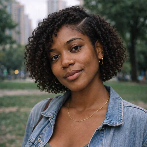 A woman in a denim jacket with a chin-length black curly bob and deep side part.
