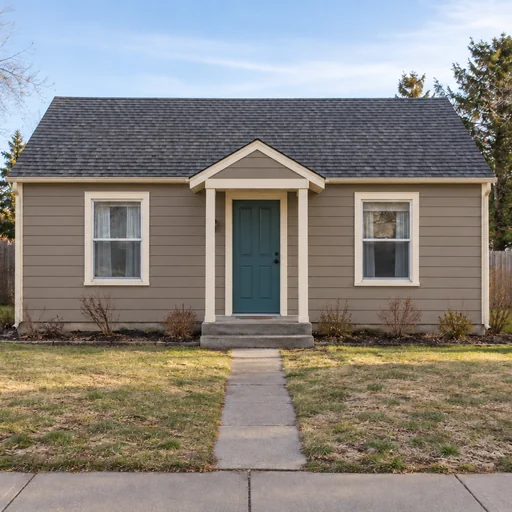 Small house with taupe siding, cream trim and a teal door, with its existing lawn, shrubs and concrete path.