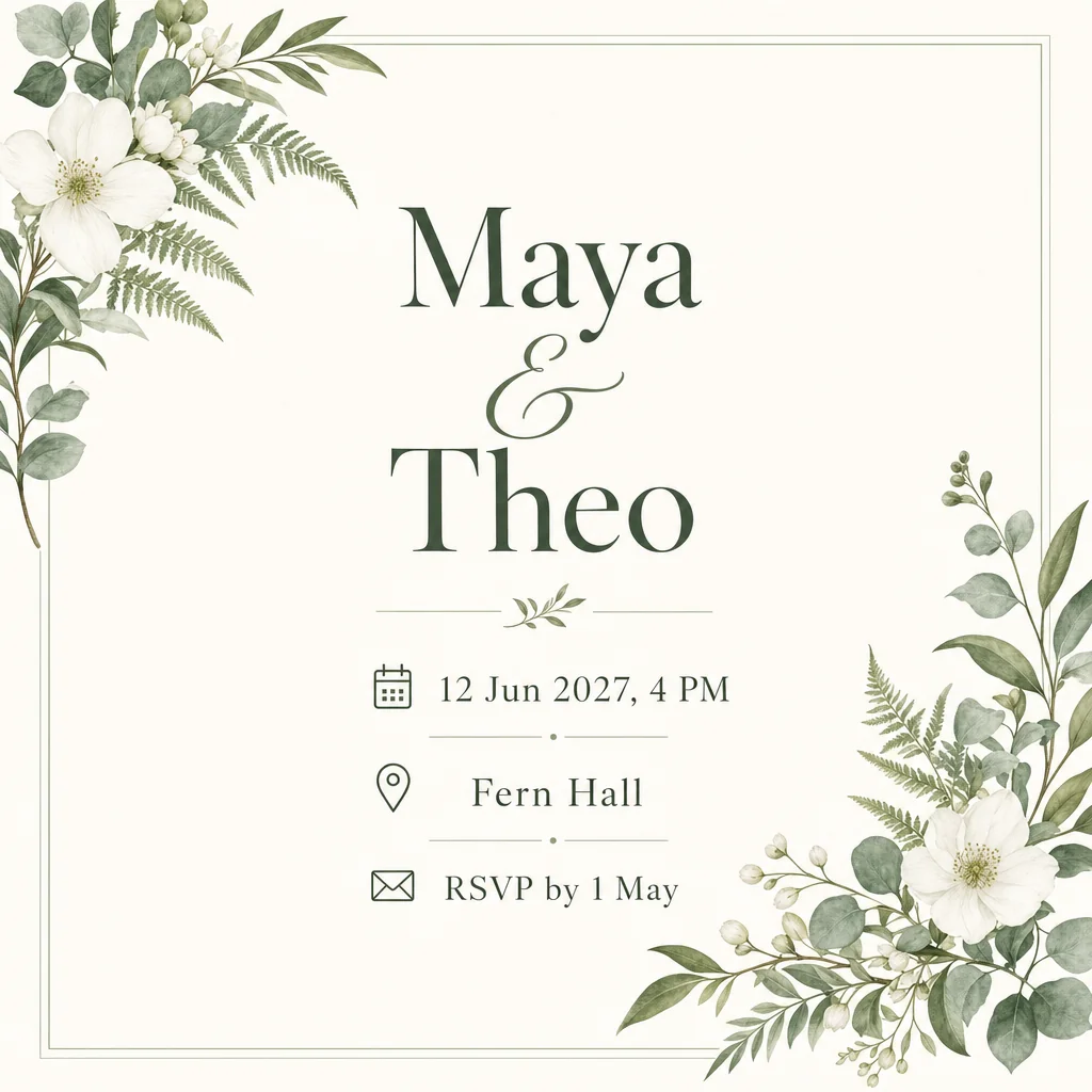 Botanical wedding invitation for Maya and Theo with supplied date, venue and RSVP.