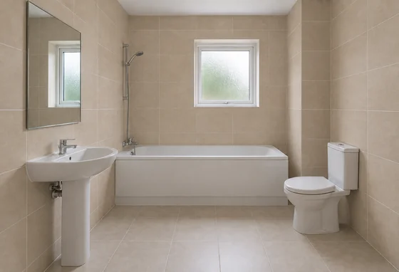 The reference bathroom with sand-beige matte wall tiles and existing fixtures.