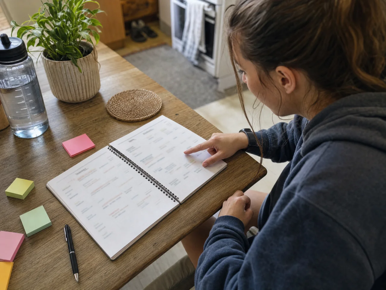 Overhead view of a person pointing to a weekly workout layout in a notebook with sticky notes and a pen.