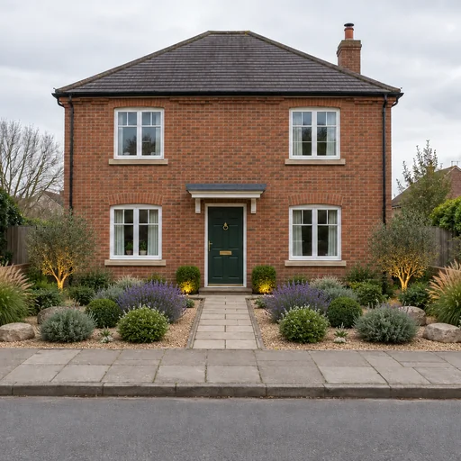 A brick-house front garden with compact shrubs, grasses, flowering borders and gravel beside the original central path.