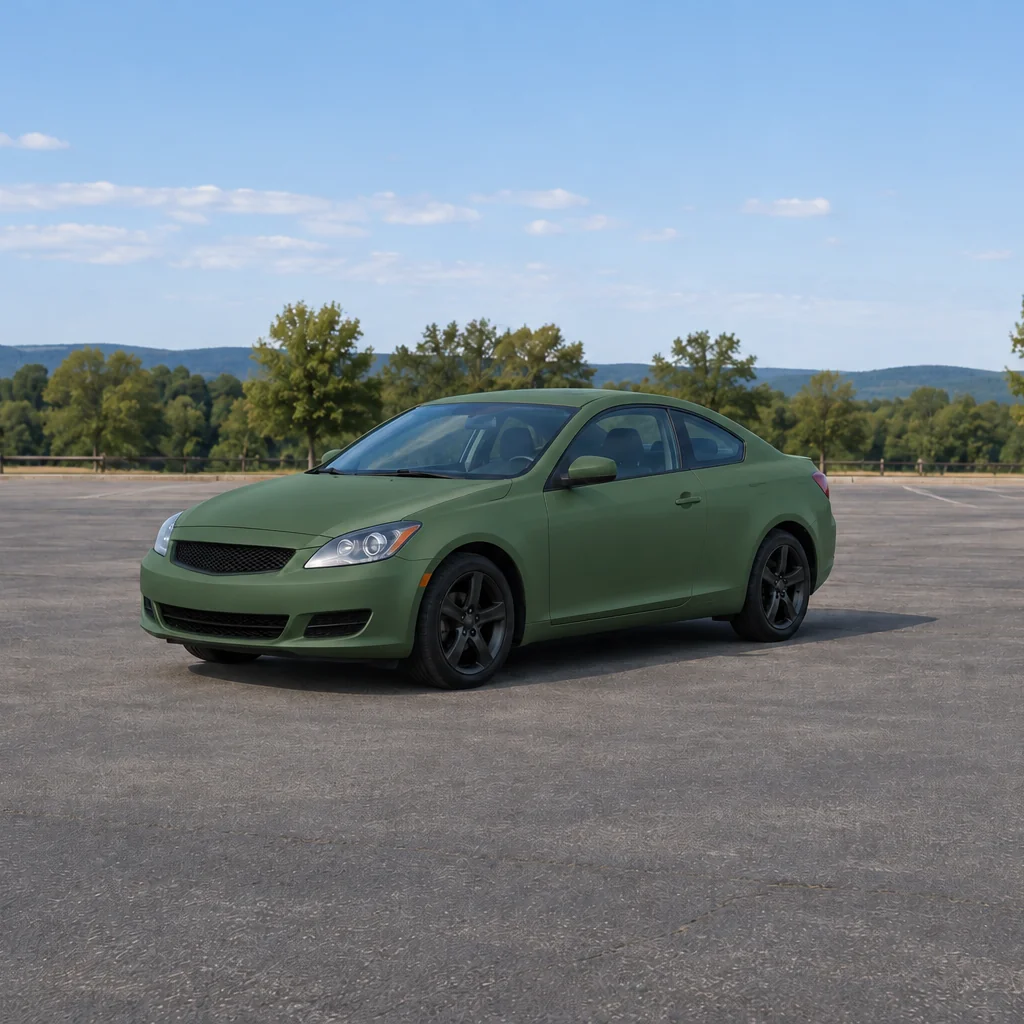 Two-door coupe with a matte green wrap and black wheels in an open parking lot bordered by trees.
