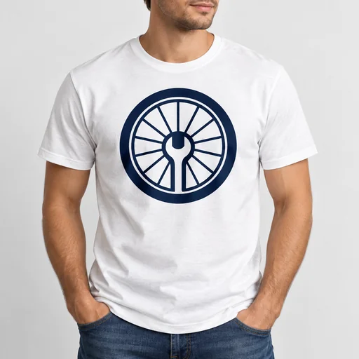 White T-shirt printed with a navy wheel and wrench logo.