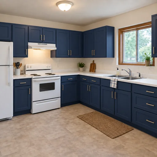 Kitchen with navy Shaker cabinets, white quartz counters, white appliances and a wood-framed window.