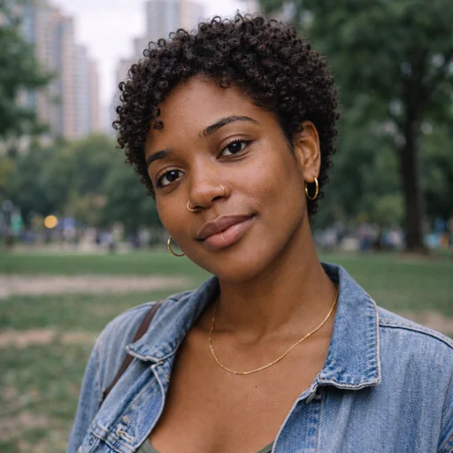 A woman with a short curly haircut wears gold hoop earrings and a denim jacket in a park.