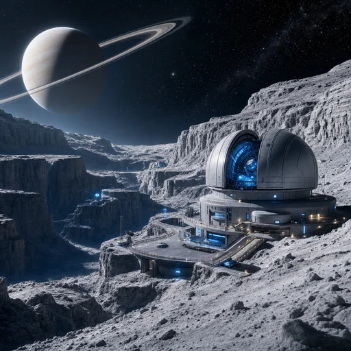 Lunar canyon terraces, ringed planet and blue observatory instrument light; no unrelated characters/text..