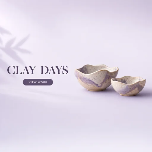 Two lavender-glazed pottery bowls beside CLAY DAYS and VIEW WORK.