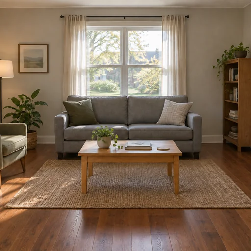 Living room with medium-brown walnut flooring around the original gray sofa, coffee table and woven rug.