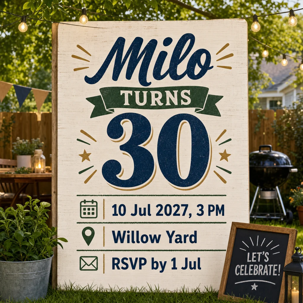 Backyard birthday invitation with supplied Milo details and an unrequested slogan.