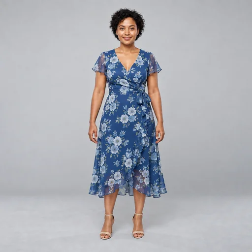 A woman with short dark curls models a blue floral midi dress and heeled sandals against a gray studio backdrop.