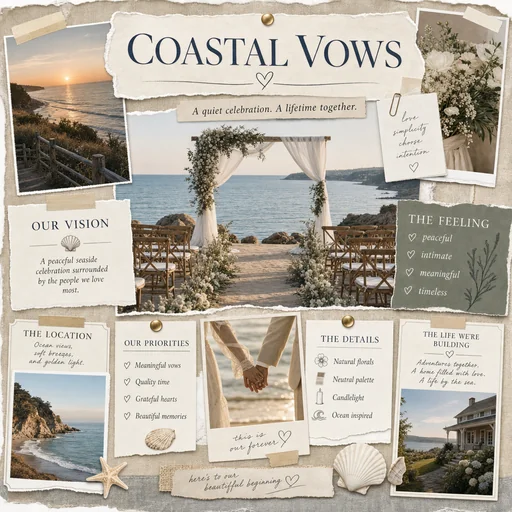 Coastal Vows vision board with a seaside ceremony, neutral paper layers, ocean photographs and clearly grouped celebration goals.
