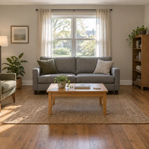The reference living room with pale greige satin walls and existing furniture.