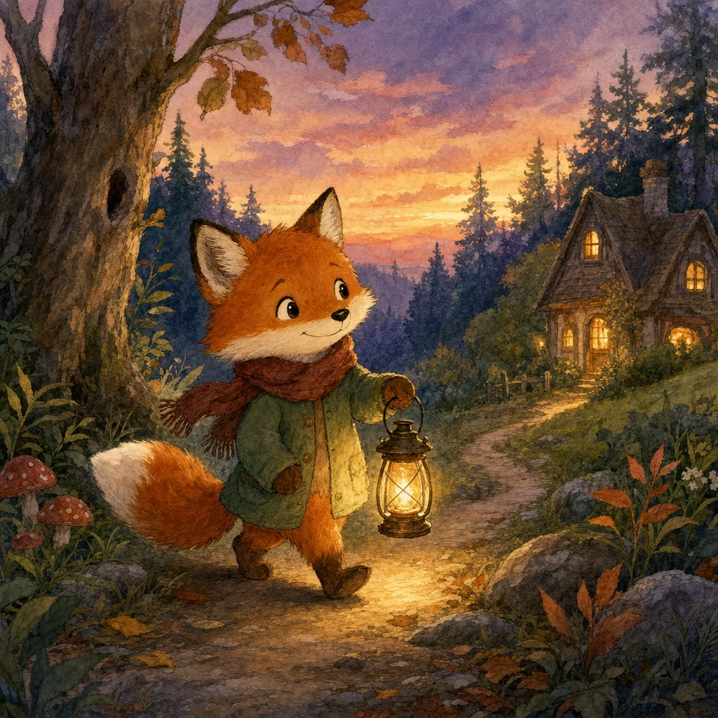 A small fox carries a glowing lantern along a woodland path at dusk in warm watercolor.