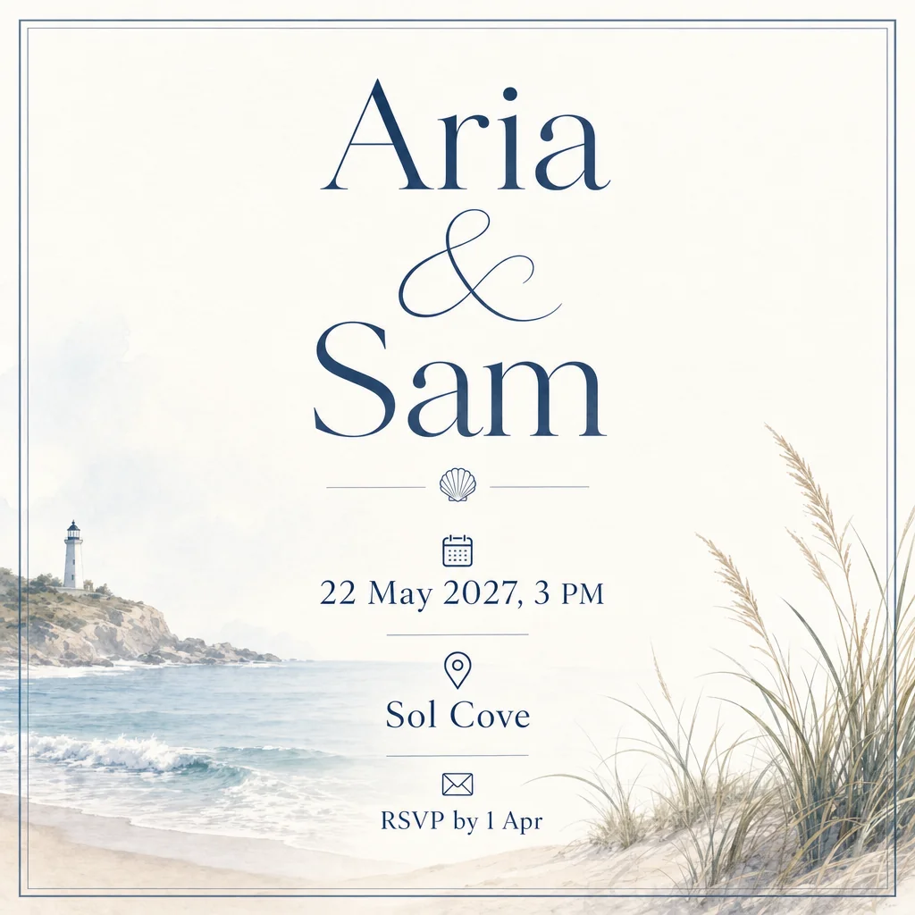 Coastal wedding invitation for Aria and Sam.