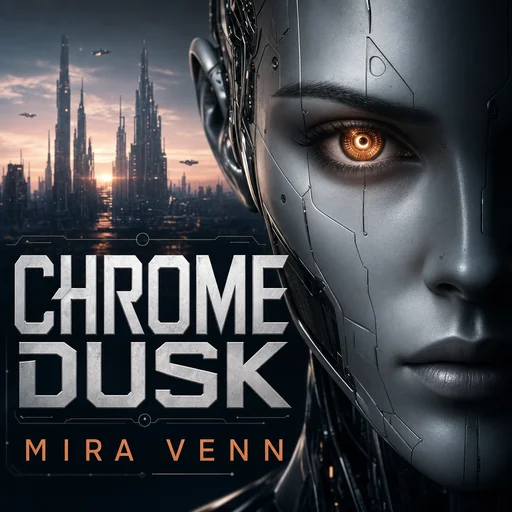 Chrome Dusk science-fiction cover with an android face and one glowing amber iris.
