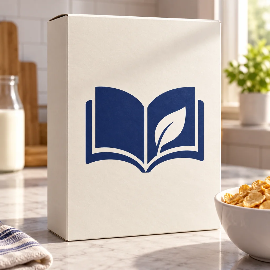 An ivory cereal-box mockup with the supplied blue open-book-and-leaf logo.