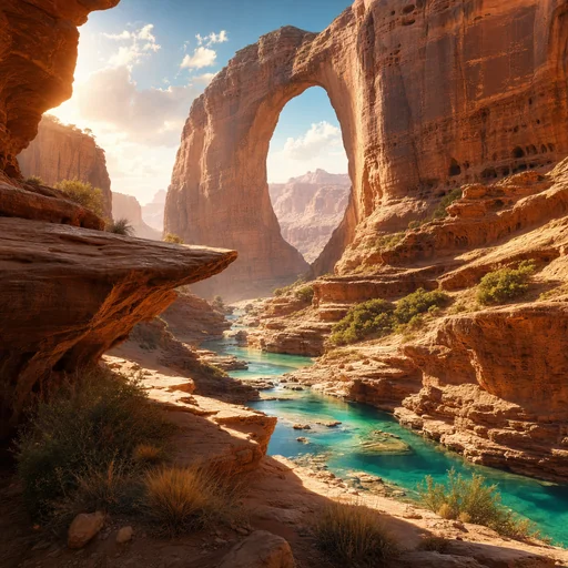 Tall natural stone window above wind-carved desert ledges and a turquoise canyon stream.