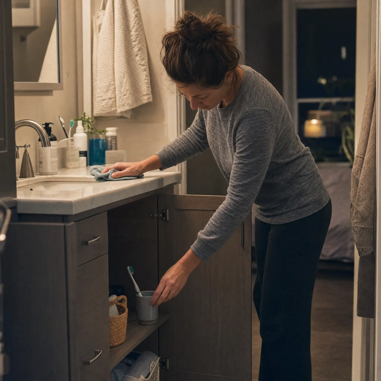 Person returning daily items to their homes: placing a toothbrush into a cup on the front of the lower vanity lower shelf, sliding a small basket onto the shelf, and wiping the counter.